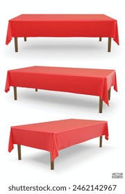 Set of realistic Rectangular table with red Tablecloth isolated on white Background.  Empty cloth table. Silk table clothes. Meeting room table clothes. 3D vector illustration.