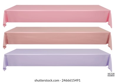 Set of realistic Rectangular Tablecloth on top table isolated on white Background. Empty pink, Dusty rose, purple cloth table. Silk table clothes. Meeting room table clothes. 3D vector illustration.