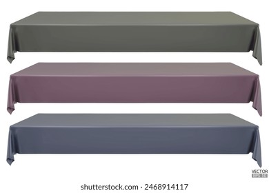 Set of realistic Rectangular Tablecloth on top table on white Background. Empty black, dark purple, dark blue, cloth table. Silk table clothes. Meeting room table clothes. 3D vector illustration.