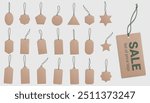 A set of realistic recycled paper price tags on a gray background. Cardboard labels with a thread. Gift tags. Vector illustration. EPS 10.