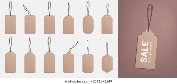 A set of realistic recycled paper price tags on a transparent background. Cardboard labels with a thread. Gift tags. Vector illustration. EPS 10.