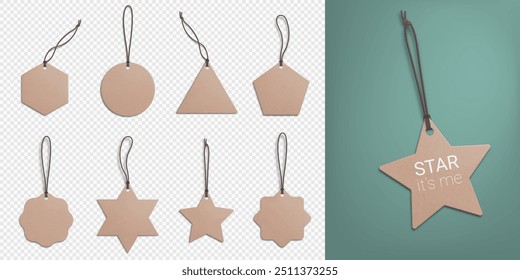 A set of realistic recycled paper price tags on a transparent background. Cardboard labels with a thread. Gift tags. Vector illustration. EPS 10.