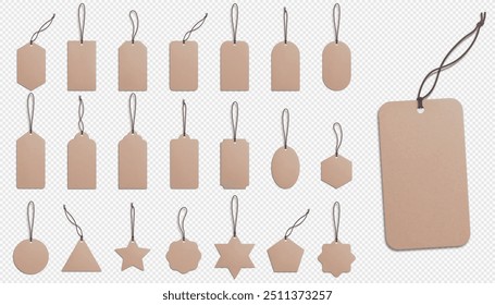 A set of realistic recycled paper price tags on a transparent background. Cardboard labels with a thread. Gift tags. Vector illustration. EPS 10.