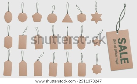A set of realistic recycled paper price tags on a gray background. Cardboard labels with a thread. Gift tags. Vector illustration. EPS 10.