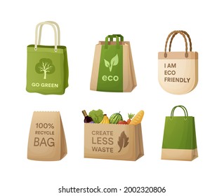 Set realistic recycling paper eco bags. Cardboard for carrying with eco friendly logo. Disposable package with handle for shopping purchase or delivery. Organic ecological boxes and packaging vector