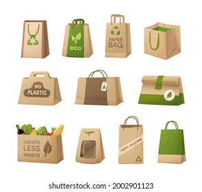 Set realistic recycling paper eco bags. Cardboard for carrying with eco friendly logo. Disposable package with handle for shopping purchase or delivery. Organic ecological boxes and packaging vector