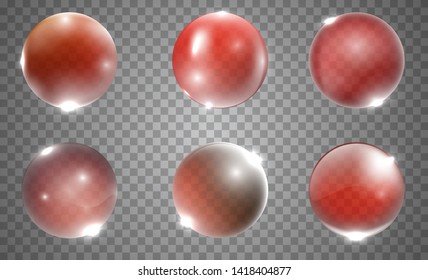 Set of realistic red 3d glass ball or sphere isolated on transparent background. Vector illustration.