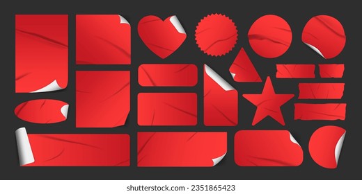 Set of realistic red adhesive paper or glued plastic sticker label with curled corner and wrinkle effect isolated on black background. Torn paper, grunge tape or sticky note mockup for social media.