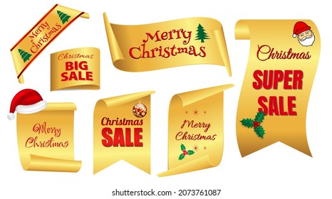 set of realistic red banner christmas sale isolated or scroll red paper christmas or christmas sale tag greeting. eps vector