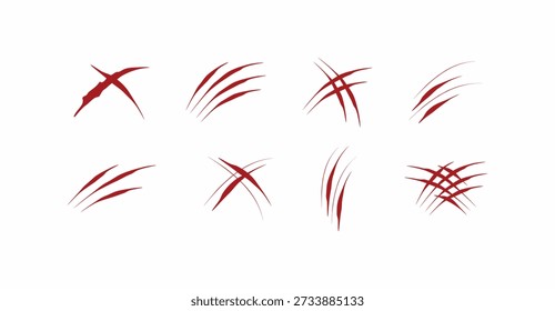 Set of realistic red beast claw scratches, wild animal slash marks, and monster rip wounds isolated on white