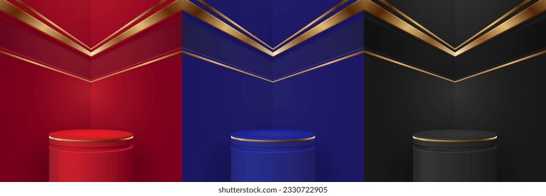 Set of realistic red, blue and black cylinder podium background. Minimal mockup scene, product display, stage showcase. Geometric vector eps10.