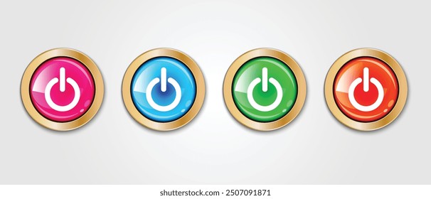 set of realistic red blue pink green glossy circle power button vector illustration.