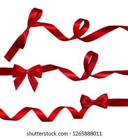 Set of Realistic red bow with long curled red ribbon. Element for decoration gifts, greetings, holidays, Valentines Day design. Vector illustration.