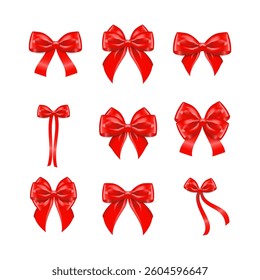 Set of realistic red bow ribbon. 3D Vector illustration isolated on white background 