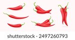 Set of realistic red chilly pepper in different positions. Hot spicy chilly peppers compositions on white background.