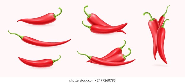 Set of realistic red chilly pepper in different positions. Hot spicy chilly peppers compositions on white background.