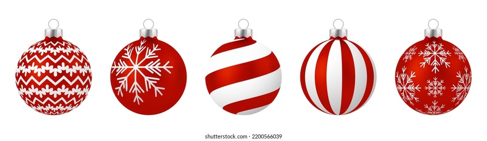 Set of Realistic red Christmas balls with ornament isolated on white background.