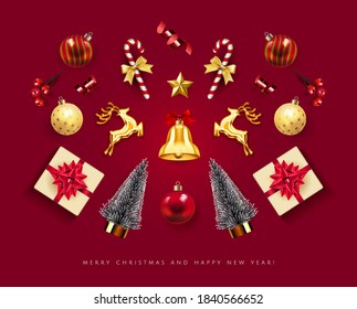 Set realistic Red Christmas objects isolated in white background Xmas card. Merry Christmas and Happy New Year Elements gift box, bell, gold deer, Christmas balls, holly berries and fir tree. 