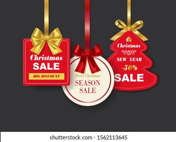 Set of realistic Red Christmas sale tags with golden ribbon on dark background. Vector Illustration.