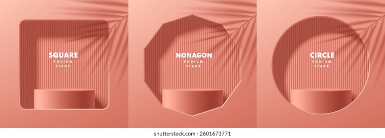 Set of realistic red coral 3d cylindrical pedestal podium in square, nonagon, circle window background. Abstract studio room. Minimalist scene for products, Stage showcase, Promotion mockup display.