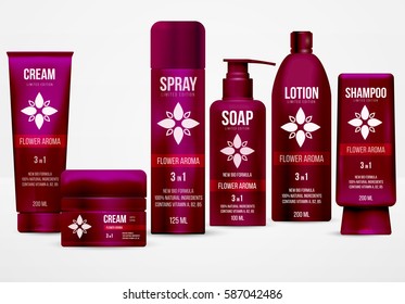 Set of realistic red cosmetic bottle, container and tube. Mockup for branding product cream, soap, shampoo, lotion, spray. Advertising design template. Vector illustration on white background.
