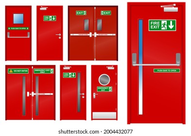 set of realistic red emergency exit door isolated or red color metal door for emergency and evacuate or fire exit sign in building with alarm trigger handle door. eps vector