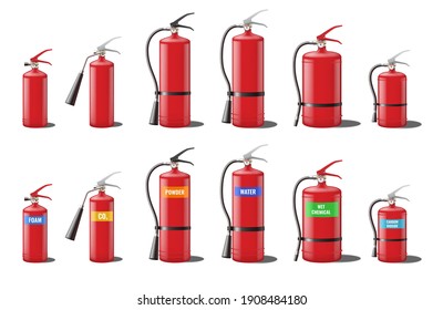 Set of realistic red extinguishers isolated on white background: different types of handle extinguishers, water, carbon dioxide, foam, powder and wet chemicals. 3d vector illustration