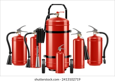Set of realistic red extinguishers isolated on white background: different types of handle extinguishers, water, carbon dioxide, foam, powder and wet chemicals. 3d vector illustration