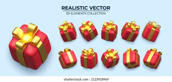 Set of Realistic red gifts boxes isolated on a blue background. 3d illustration of springly red gift boxes with golden bows and ribbons, Decorative 3d render object Realistic vector decor