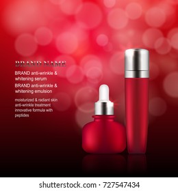 Set of realistic red glass bottles with silver cap. Empty package for skincare cosmetic - face, eye serum, emulsion, lotion. Blank template of container. Vector mockup, poster on bokeh background.