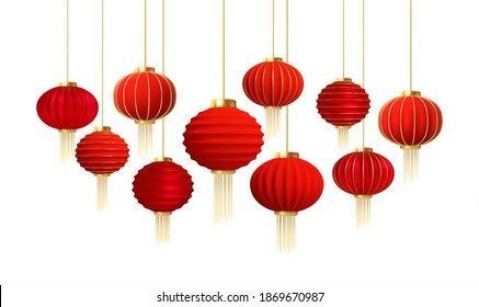 Set of realistic red gold chinese new year lanterns isolated on white background. Vector illustration EPS10