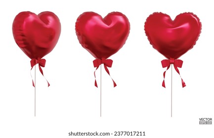 Set of realistic red heart balloons with rbbon isolated on background. Helium red heart balloons clipart for anniversary, birthday, wedding, Christmas, card  party. 3D vector illustration