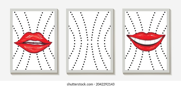 un conjunto de labios rojos realistas, una hermosa sonrisa. ilustración moderna dibujada a mano. , aislado en un fondo con puntos. estilo mínimo. para impresión, pared pano, idea de vacaciones. fondo de pantalla de arte vectorial