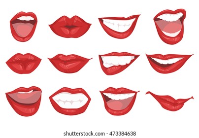Set realistic red lips icons isolated on white background. vector illustration.