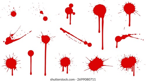 Satz realistischer roter Farbspritzer, Bluttropfen und tropfende Flecken, isolierte Flüssigkeitsplash-Elemente für Grunge, Horror oder chaotisches Design-Overlay