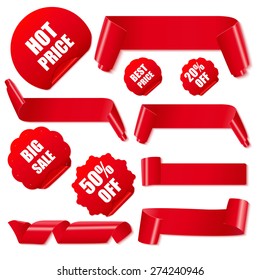 Set of realistic red paper ribbons and discount stickers on white background. Vector illustration.