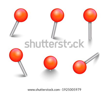 Set of realistic red push pins. Vector 3d thumbtacks collection, map marks, board tacks for paper stickers, school or office stationery isolated on white background for your design. Vector EPS10