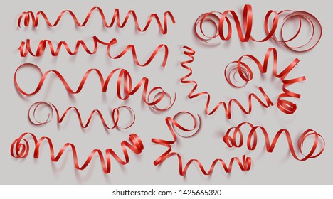 Set of realistic red ribbons on grey background. Can be used for greeting card, holidays, banners, gifts and etc. Vector illustration.