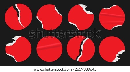 Set of realistic red round crumpled sticker mockups. Wrinkled adhesive paper labels with curled edges, isolated on black background. For sale tags, price labels, promotion templates. Vector EPS10