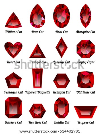 Set of realistic red rubies with complex cuts isolated on white background. Jewel and jewelry. Colorful gems and gemstones. Trilliant, pear, oval, marquise, heart, triangle, lozenge, happy eight.