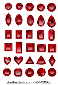 Set Of Realistic Red Ruby Jewels Isolated On White Background With Different Cuts.