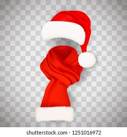 Set of realistic red Santa Claus hat with fluffy fur pompon aand long scarf isolated on transparent background. Vector illustration.