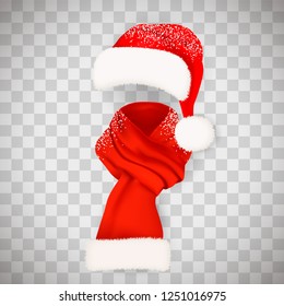 Set of realistic red Santa Claus hat with fluffy fur pompon aand long scarf with snow isolated on transparent background. Vector illustration.