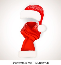 Set of realistic red Santa Claus hat with fluffy fur pompon aand long scarf with snow isolated on white background. Vector illustration.