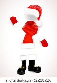 Set of realistic red Santa Claus clothing, hat with fluffy fur pompon, scarf with snow, mittens and black boots isolated on white background. Vector illustration.