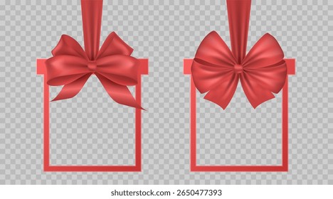Set of realistic red satin ribbon with gift box frame and decorative bows on transparent background. Glossy bow for holiday greeting cards, invitations birthday or romantic designs. Vector.