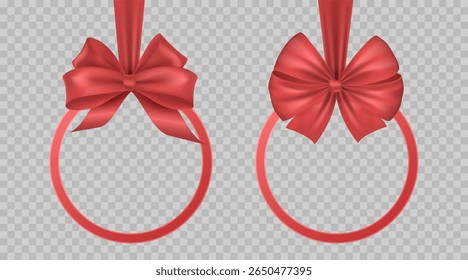 Set of realistic red satin ribbon with decorative bows on transparent background. Glossy bow and circle gift frame for holiday greeting cards or invitations. Vector illustration.
