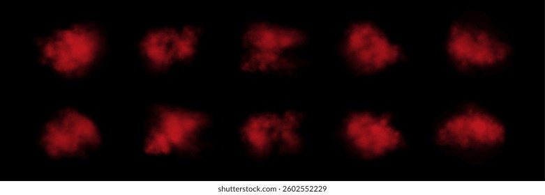 Set of realistic red smokes or haze on a black background. Magic fog, vapor. Vector illustration