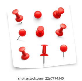 Set of realistic red thumbtacks pin isolated on white background. Vector illustration ready to use for your design. EPS10.