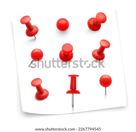 Set of realistic red thumbtacks pin isolated on white background. Vector illustration ready to use for your design. EPS10.